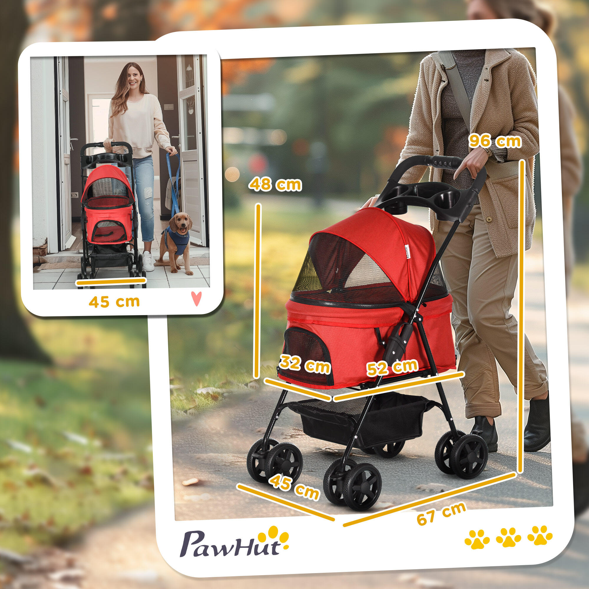 Cochecito para Mascotas PawHut 67x45x96 cm Rojo 3/7