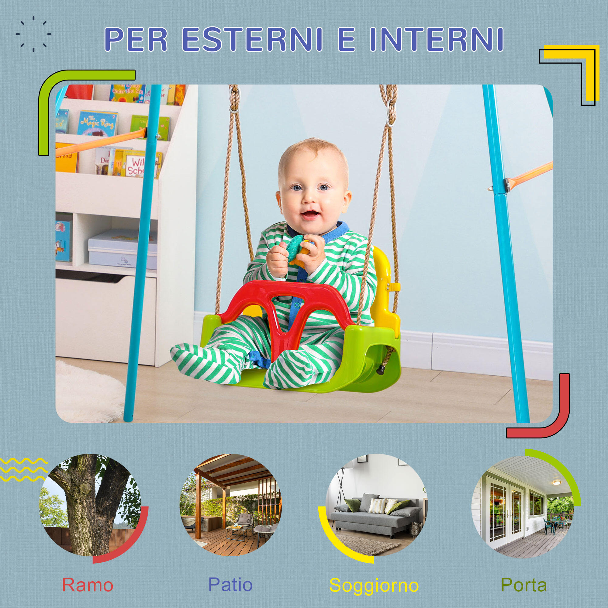 Outsunny Altalena per Bambini 9-36 Mesi con Corda Regolabile Multicolore 7/7