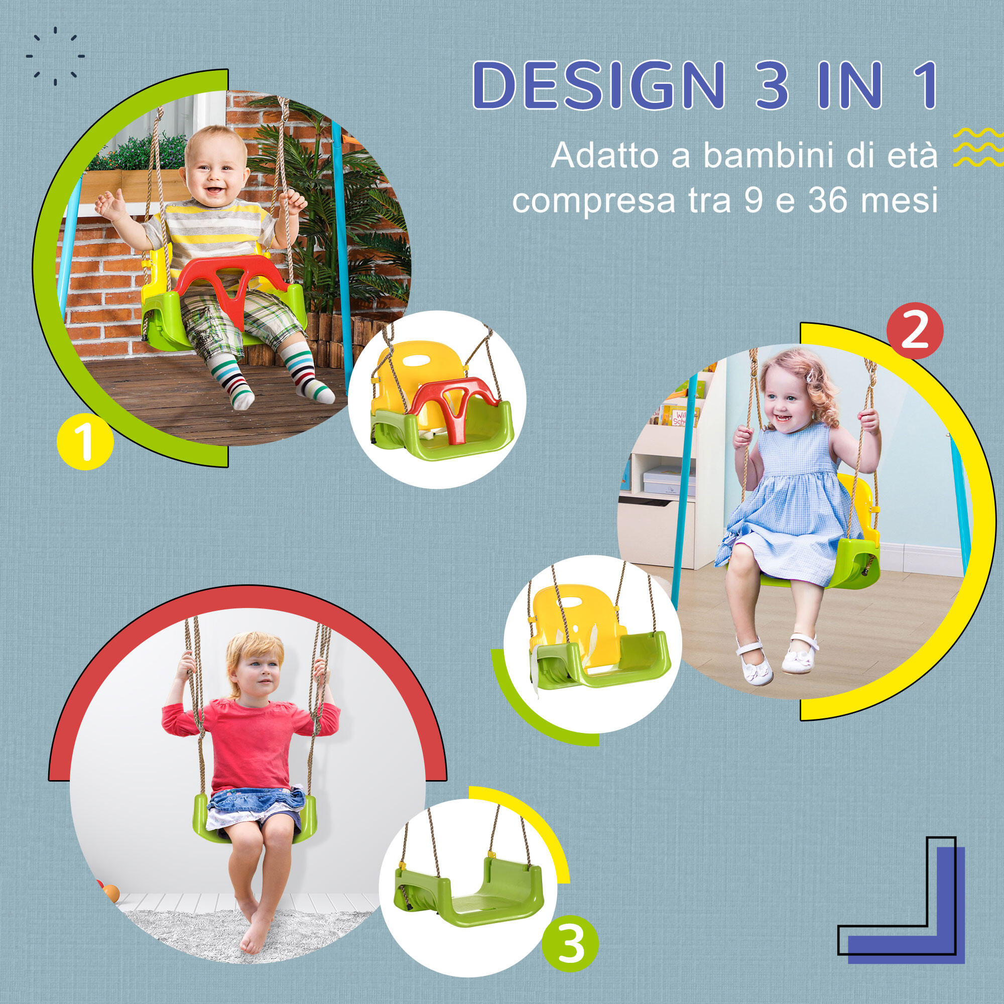 Outsunny Altalena per Bambini 9-36 Mesi con Corda Regolabile Multicolore 4/7
