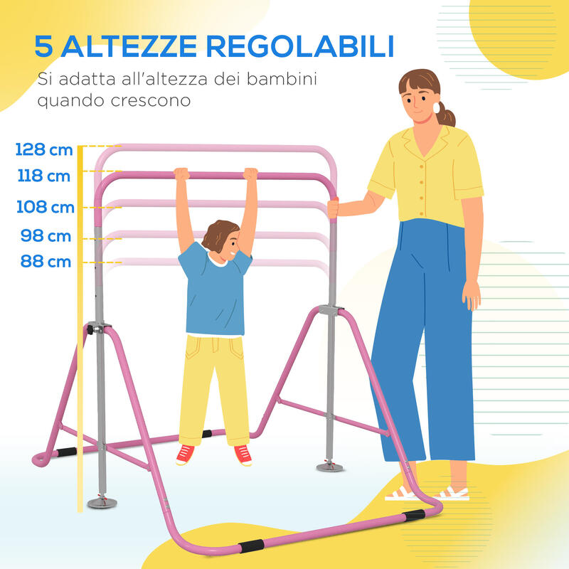 HOMCOM Bară de Tracțiuni Pliabilă  pentru Copii 3-8 Ani, Ajustabilă, Roz