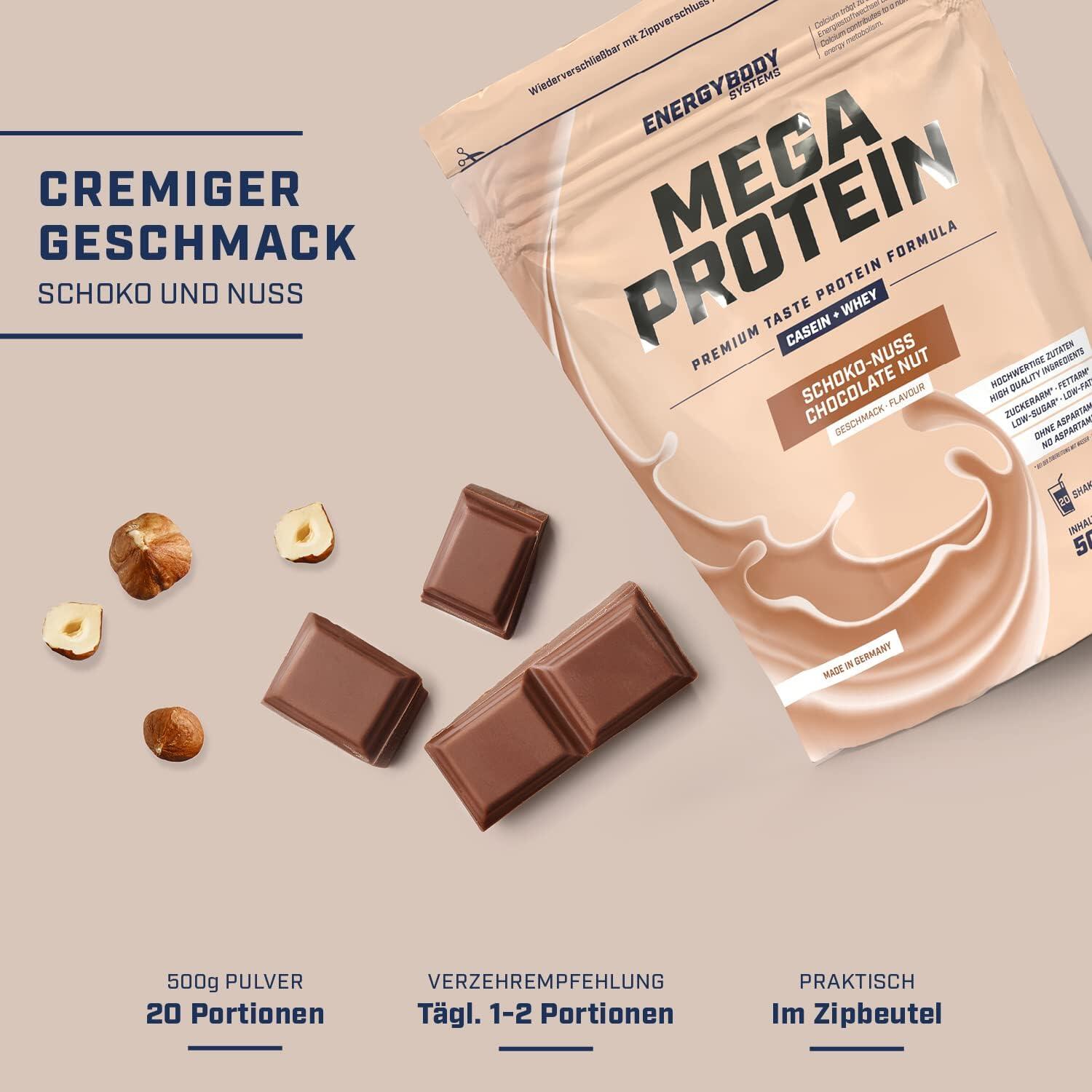 Mega Protein Schoko-Nuss, Eiweißshake Proteinpulver mit Whey & Casein, 500 g 2/4