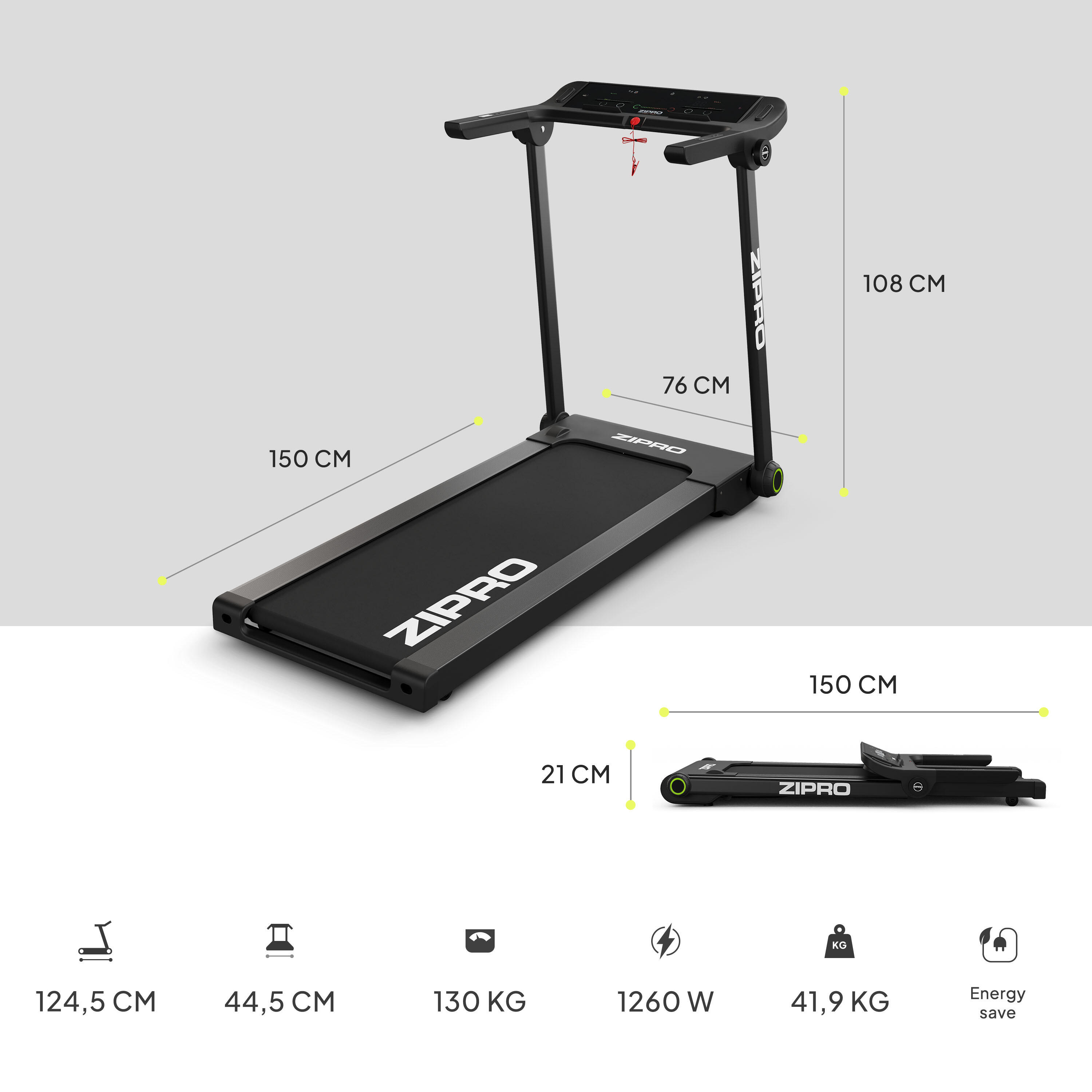 ZIPRO - Bandă de alergat Zipro Pacto 125 x 45 cm, 16 km/h, FitShow