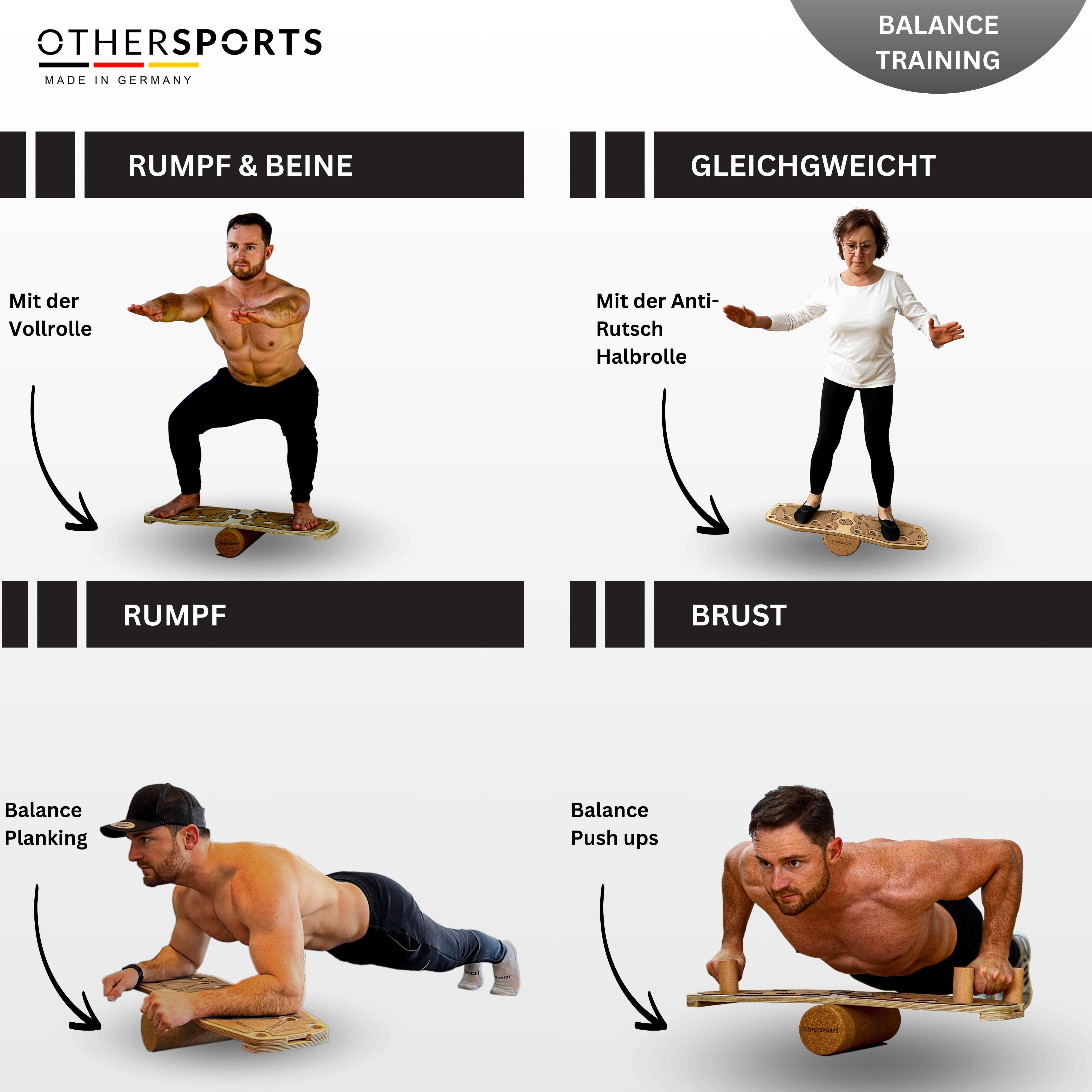 Sportboard Fitness Balance Board aus Echtholz mit Korkrolle und Fitnessband OTHERSPORTS DECATHLON