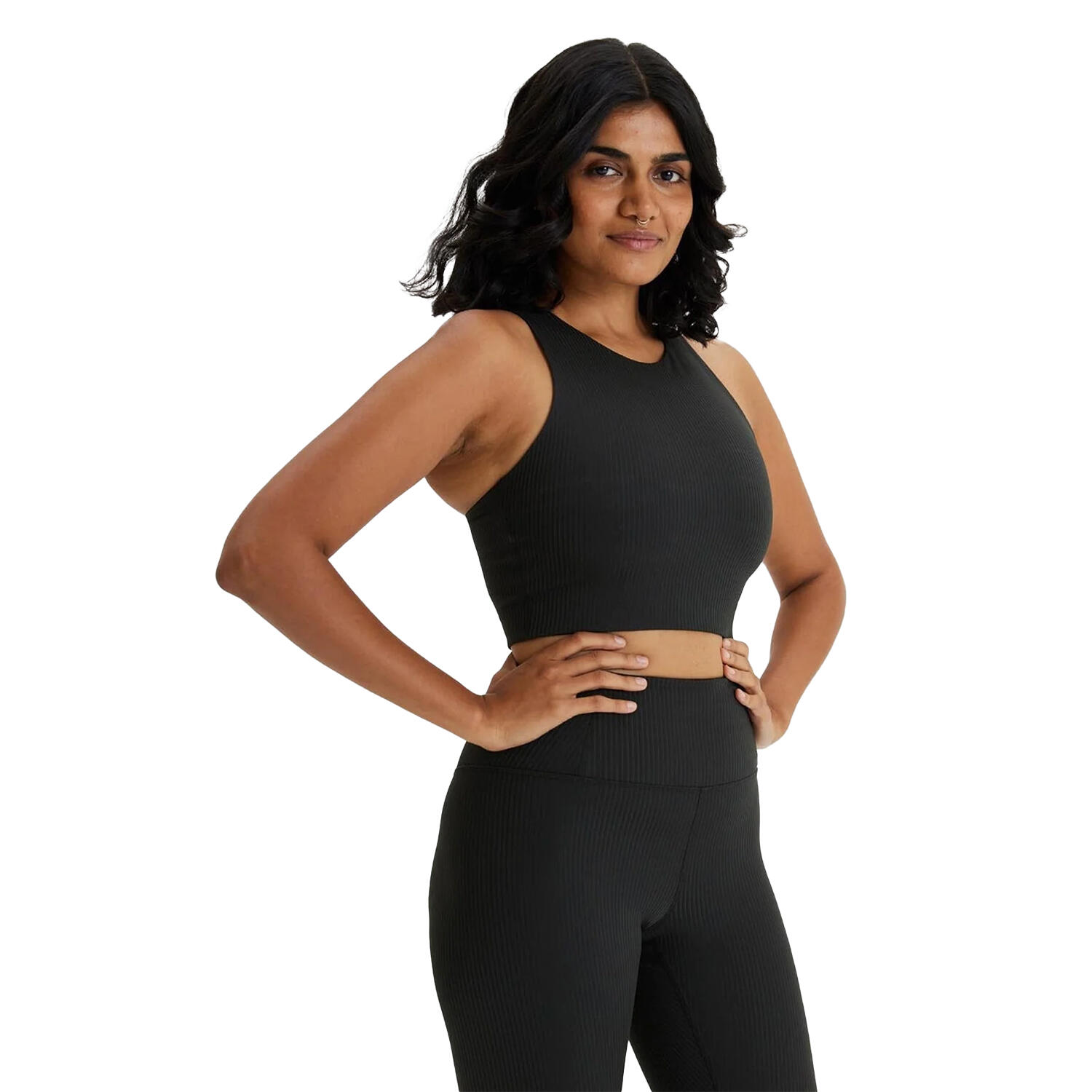 Womens/Ladies Ribbed High Rise Long Leggings (Black) 3/4