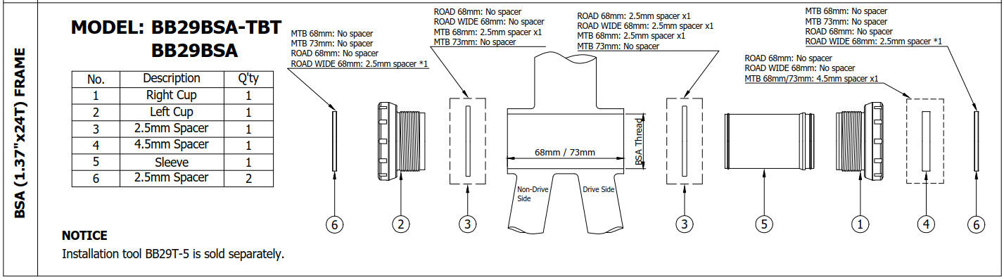 Suport rowerowy TOKEN BB29BSA Rama: BSA 68/73 Korba SRAM DUB (29mm) 3/5