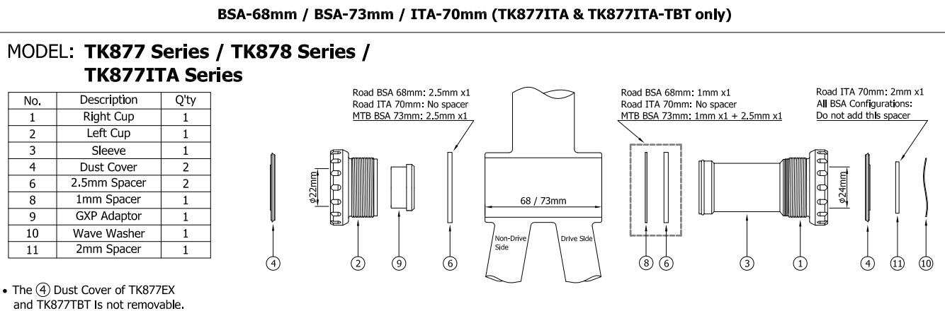 Suport rowerowy TOKEN TK878EX GXP Rama: BSA 68/73mm Korba SRAM GXP 24/22mm 3/3