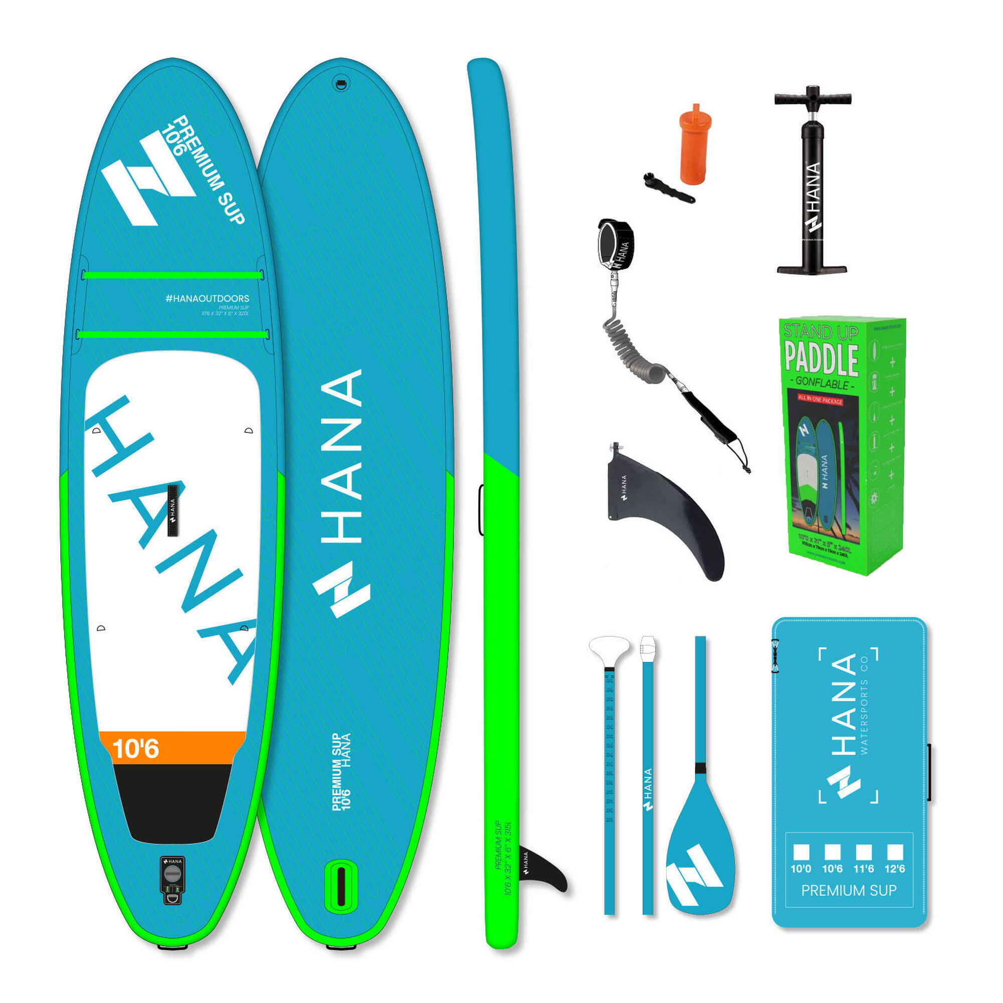 Hana Outdoors - Pack Paddle Gonflable 10'6 Premium Complet - Planche De Stand Up Paddle - Blanc|bleu|vert - 320 Cm - Decathlon