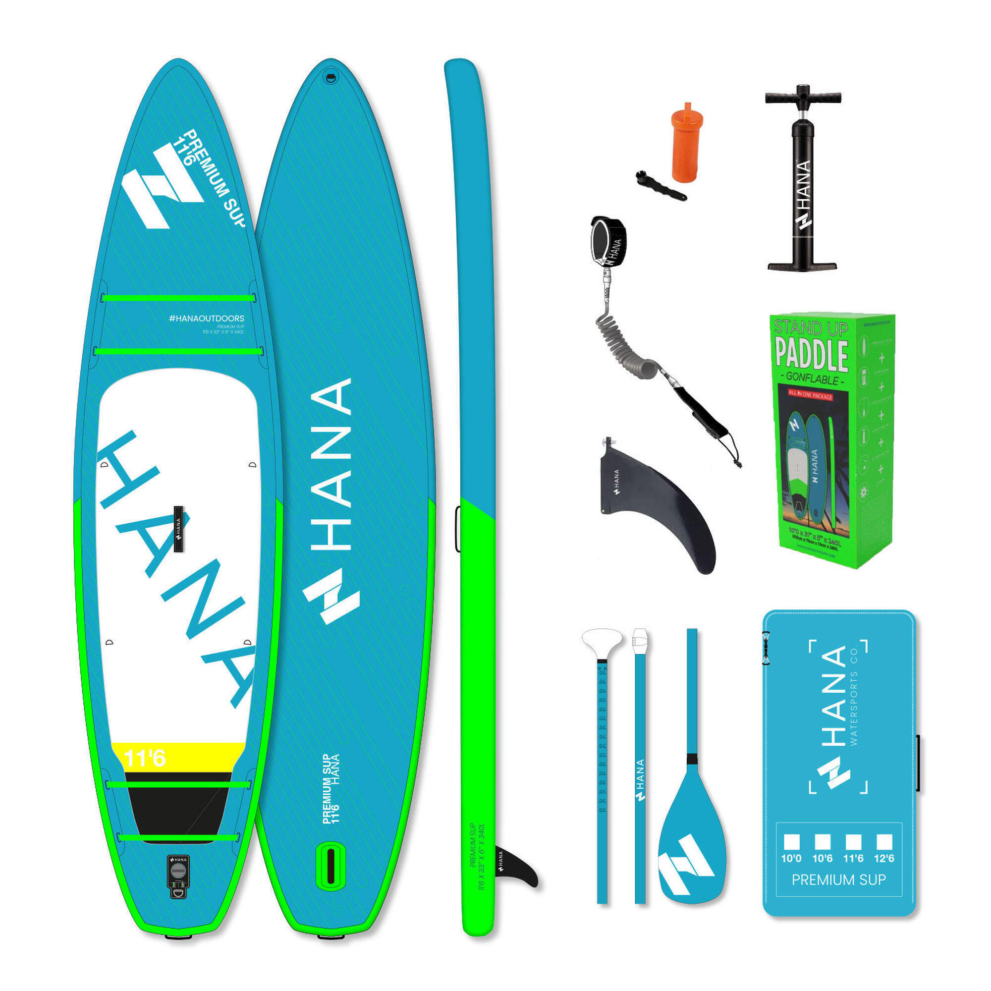 Hana Outdoors - Pack Paddle Gonflable 11'6 Premium Complet - Planche De Stand Up Paddle - Blanc|bleu|vert - Decathlon