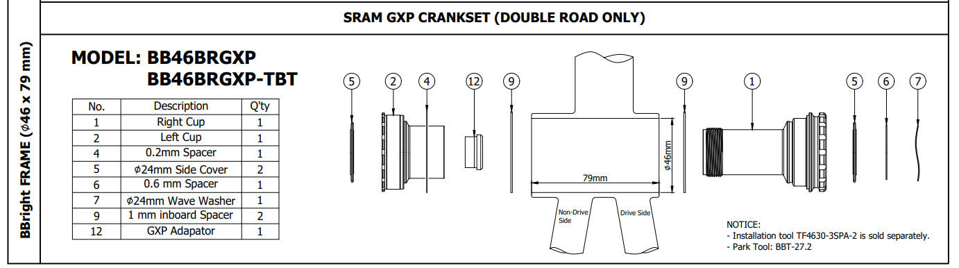 Suport TOKEN BB46BRGXP TBT Rama: BBRight Cervelo Korba: SRAM GXP (24/22) 3/4