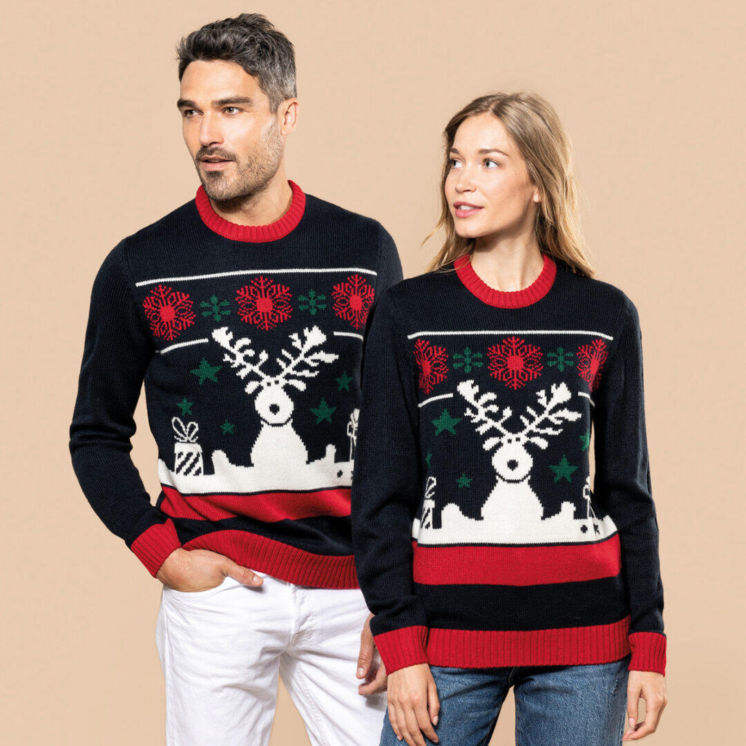 Jersey Cuello Redondo De Renos De Papá Noel Y Copos De Nieve 5/7
