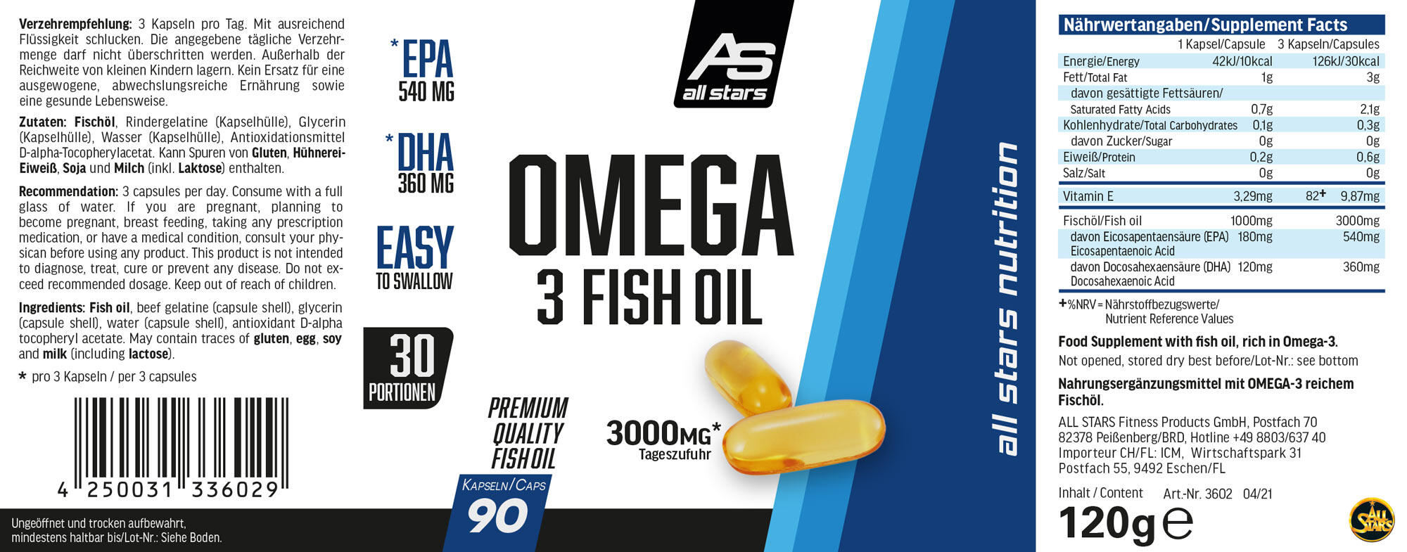 All Stars Nutrition Omega-3 Fish Oil HPMC Capsules 90 5/6