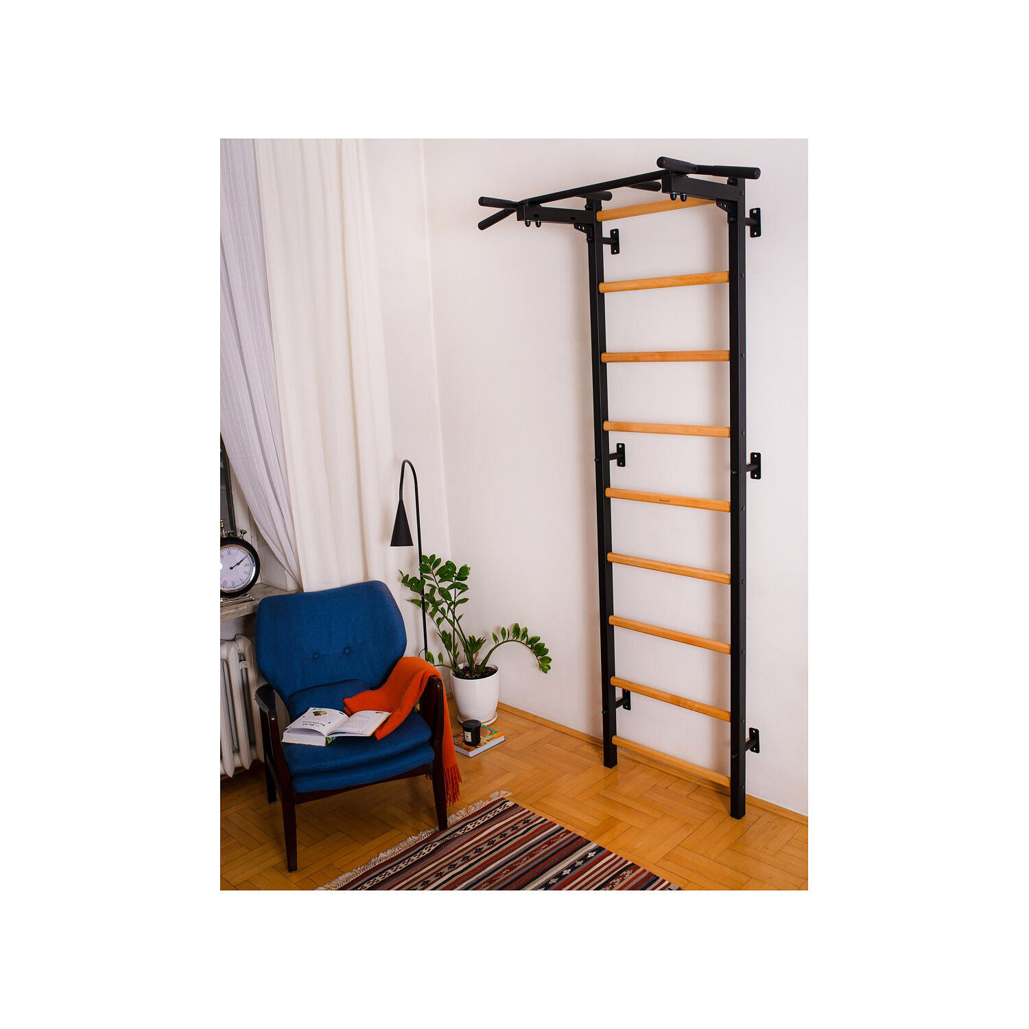 Wall Bars Fitness-System 721, with Built-In Pull-Up Bar  311B, black Turnen 3/4