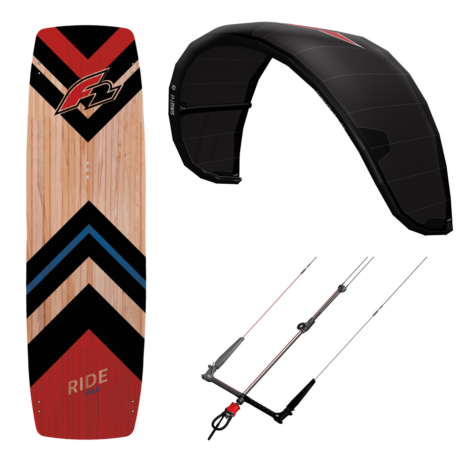 F2 F2 Set Kite Sunset V1 15qm|Kiteboard Ride Lightwind Wood 148cm |Control Bar 52cm