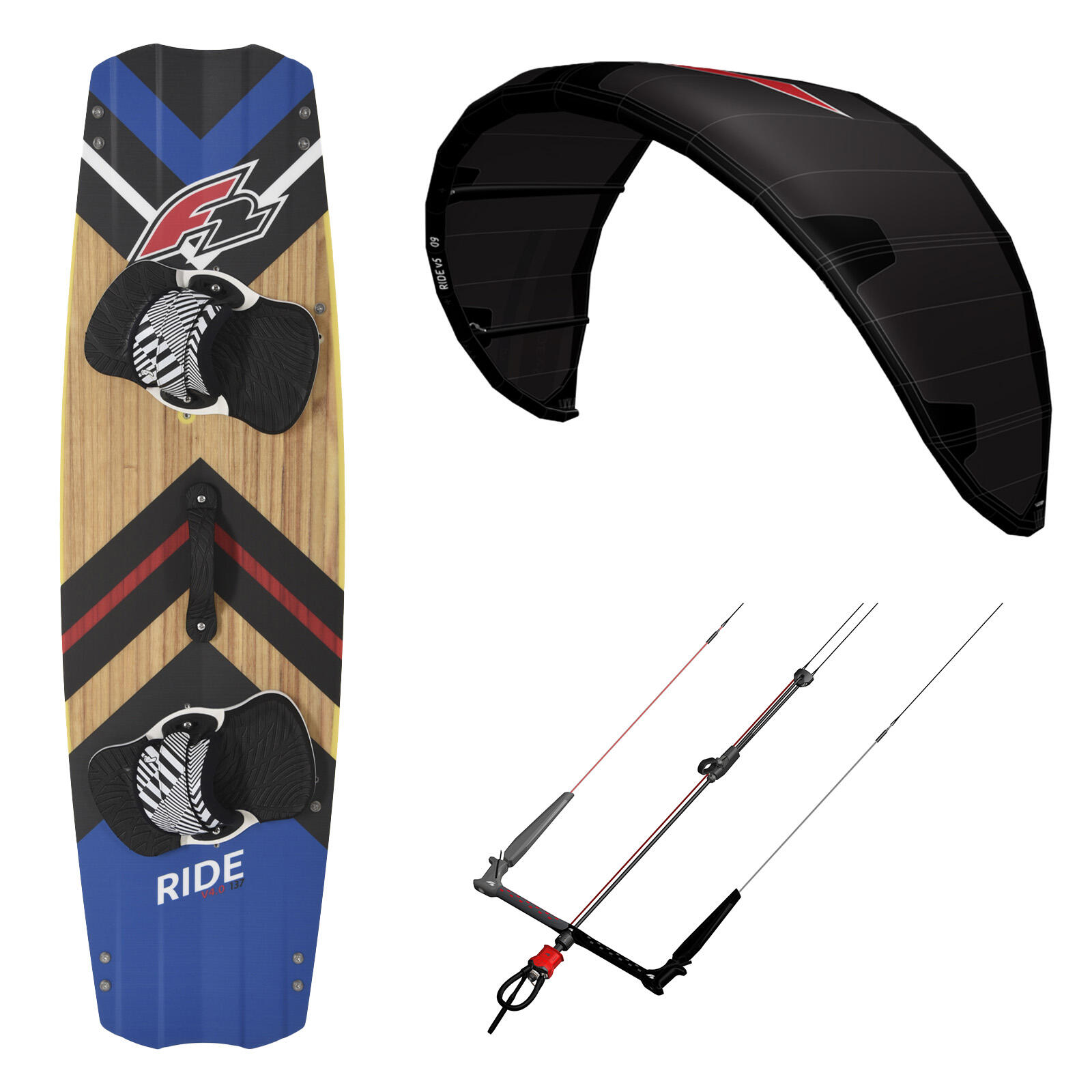 F2 F2 Set Kite Ride V5 12qm|Kiteboard Ride Wood 137cm |Control Bar 52cm