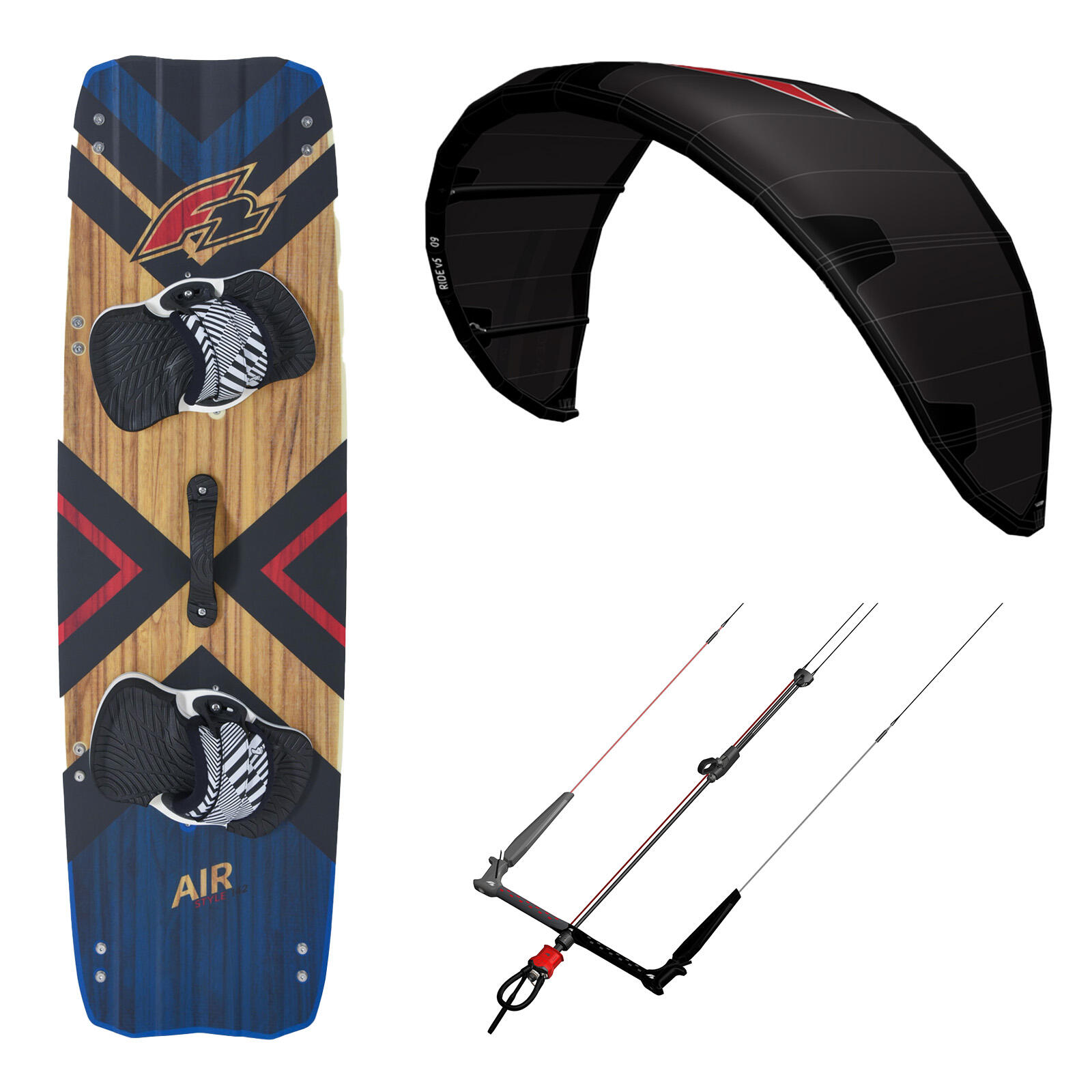 F2 F2 Set Kite Ride V5 12qm | Kiteboard Air Wood 142cm | Control Bar 52cm