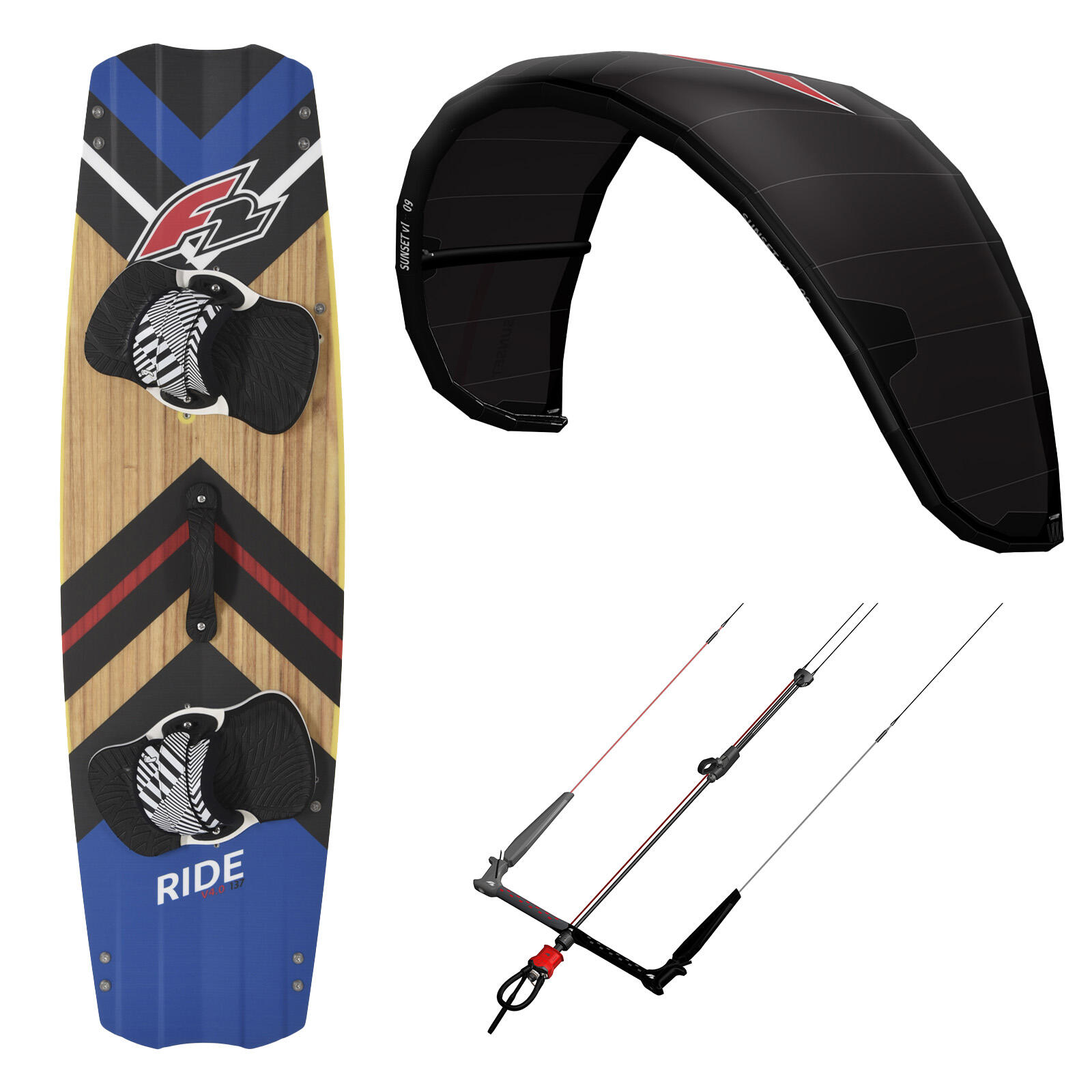 F2 F2 Set Kite Sunset V1 15qm|Kiteboard Ride Wood 137cm |Control Bar 52cm