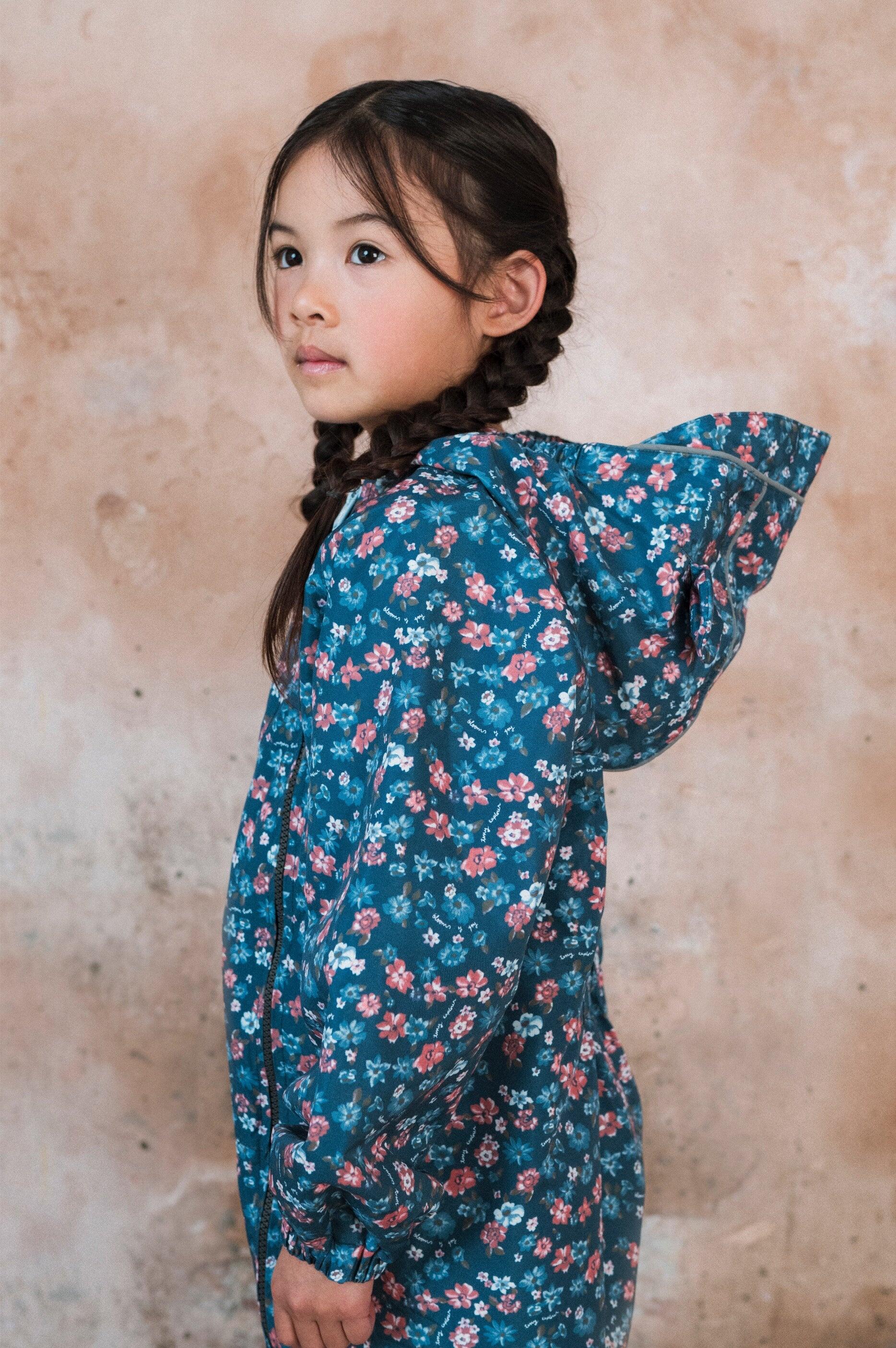 Floral Blue Rose Garden Waterproof Packable Puddlesuit 5/7