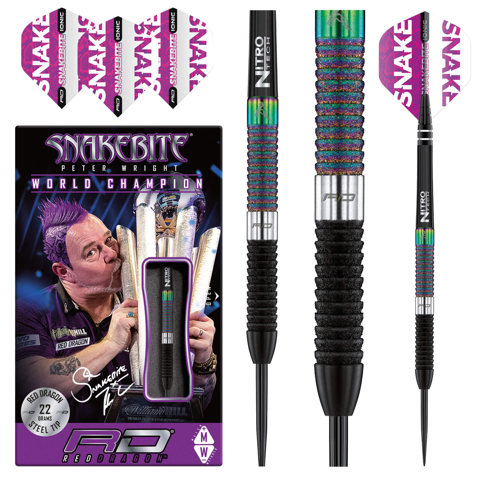 RED DRAGON DARTS Peter Wright Snakebite WC Diamond SE 22g Darts Set including Flights and Shafts