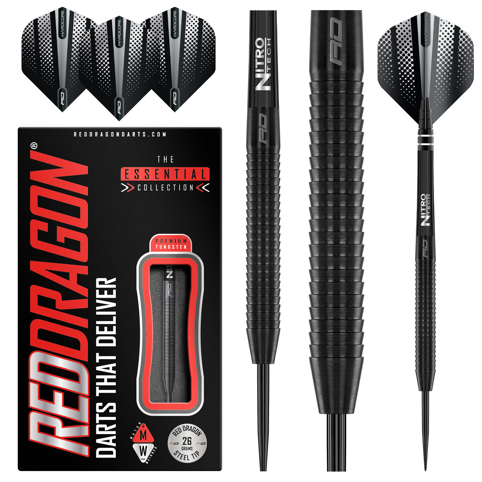 RED DRAGON DARTS Razor Edge Black 26g Tungsten Darts Set with Flights and Stems