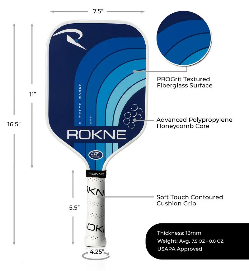 Rokne Curve Classic LTE Pickleball Paddle - Royal Blue 3/4
