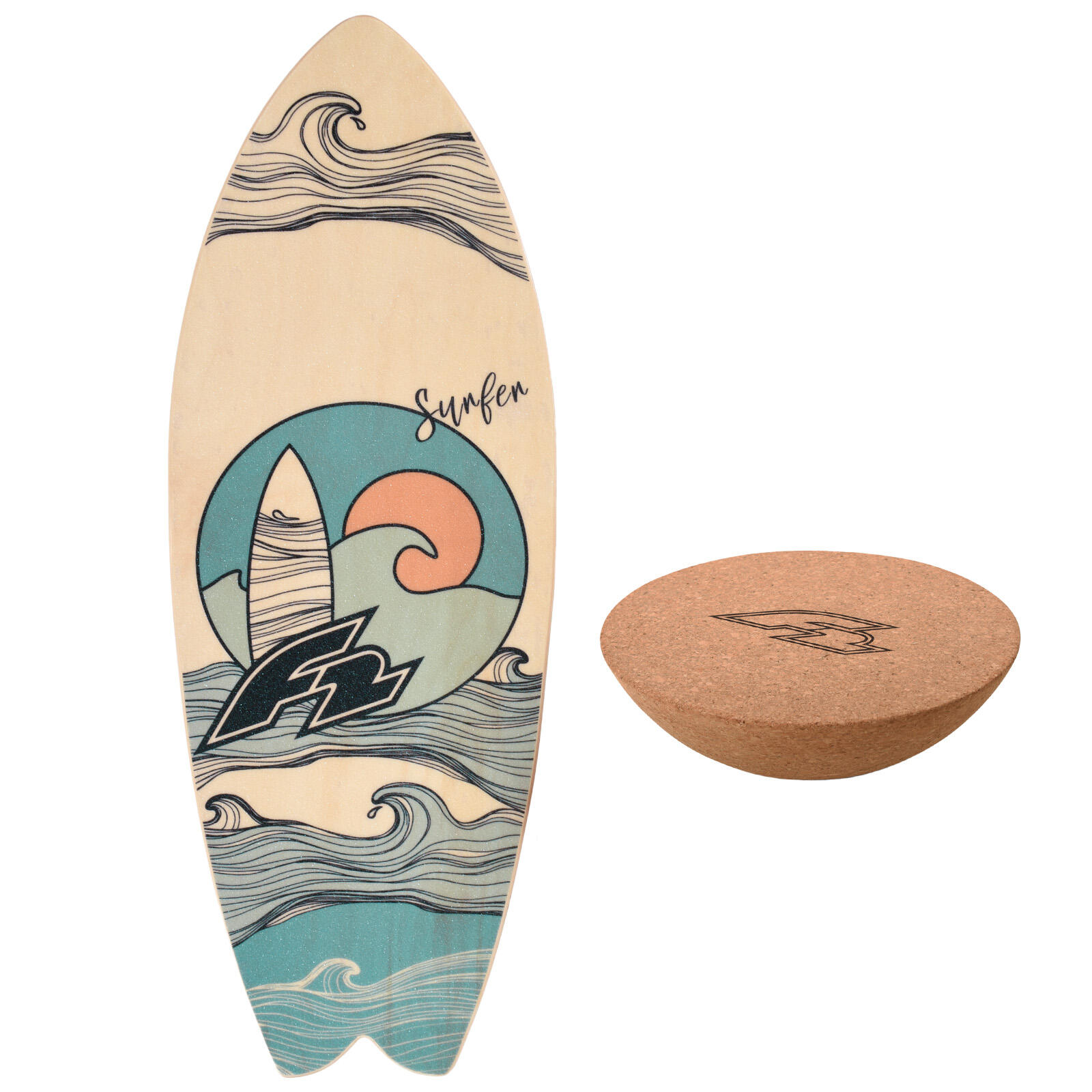 F2 F2 Set Balance Board Surfer 76x28cm mit Kork Halbkugel