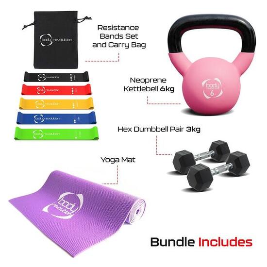 Hantle + Kettlebell + Mata + Taśmy oporowe 3kg & 6kg