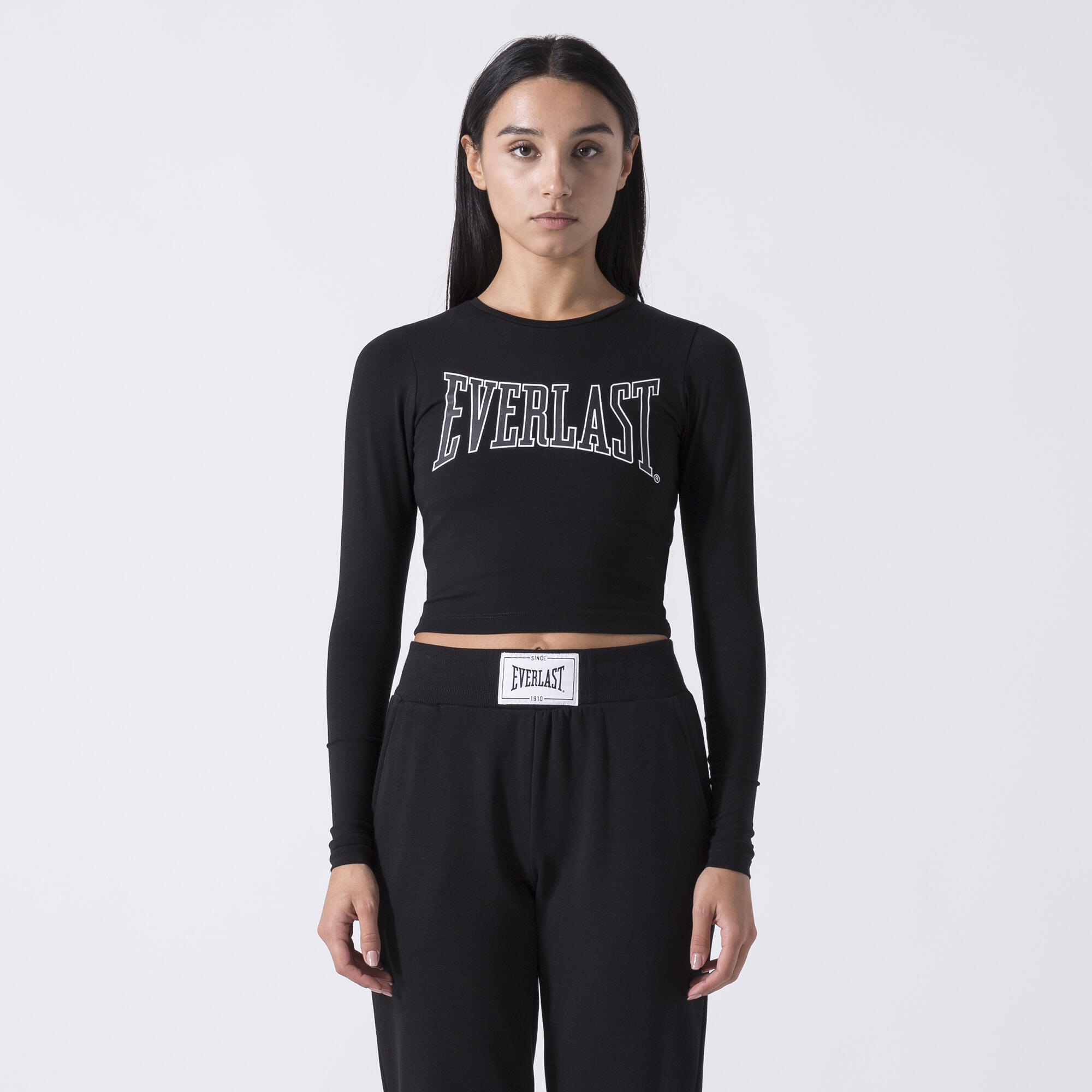 Icónico crop top de mangas compridas black algodão, elastano