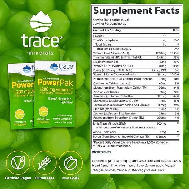 Trace Minerals-PowerPak Citrom Lim ízű Elektrolit ital + C-Vitamin 30 tasak,147g