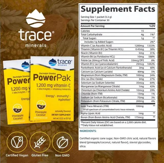 Trace Minerals-PowerPak Ananász Kókusz ízű Elektrolit ital+ C-Vit. 30 tasak,183g 4/7