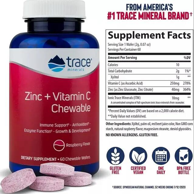 Trace Minerals Cink + C-vitamin rágótabletta Málna ízben 60db 4/7