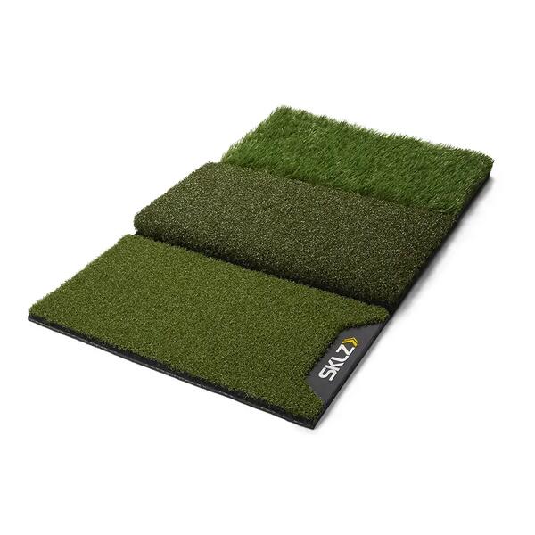 Folding golf hitting mat with three turf sections