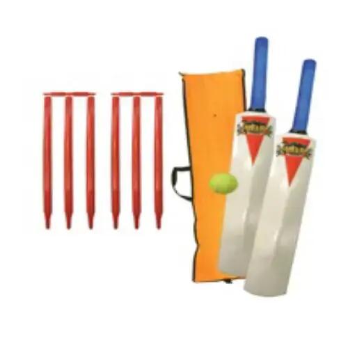 Family cricket set with two wooden bats, two sets of stumps and a bag