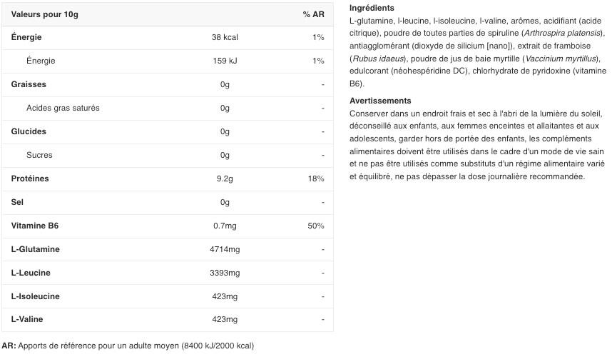 BCAA/Glutamine - Premium BCAA 8:1:1 + L-Glutamine - Framboise Bleue 500g 2/4