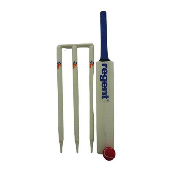 Wooden cricket bat and stumps standing upright with a ball
