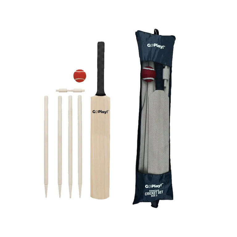 Wooden cricket bat, ball, stumps and carry bag laid out
