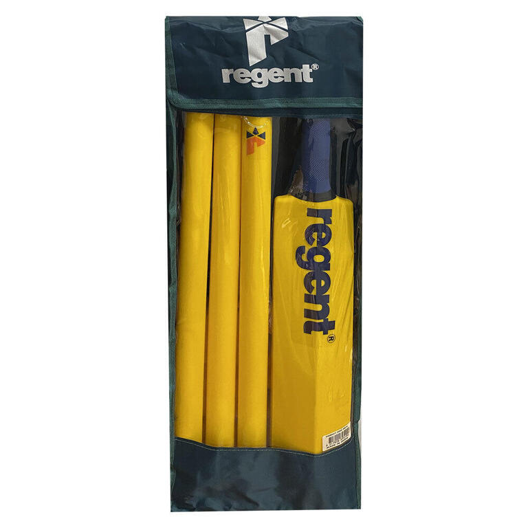 Yellow cricket set packaged with bat and stumps visible