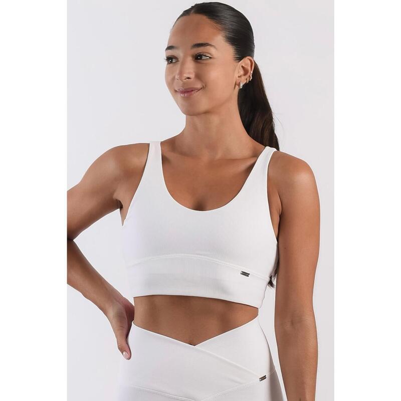 Sujetador Top  Deportivo Sujeción Moderada Mujer Tej. Reciclado  - Blanco Perla