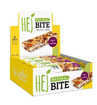 Hej natural hej bite organic (12x40g) vanilla & cocoa nibs - repen - eiwit repen