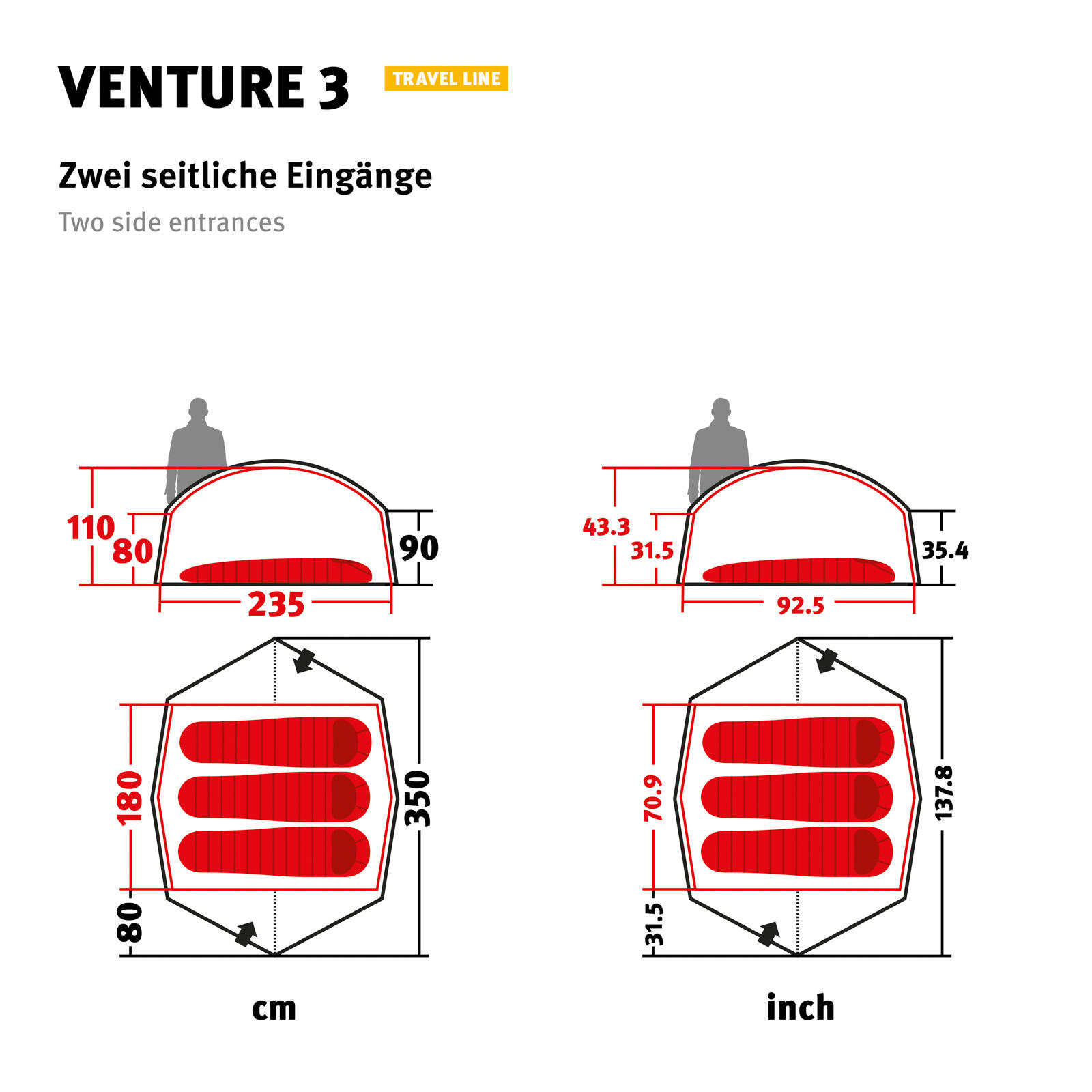 Trekkingzelt Venture 3 Personen Camping Fahrrad Kuppel Zelt Biwak 3,14kg 2/7