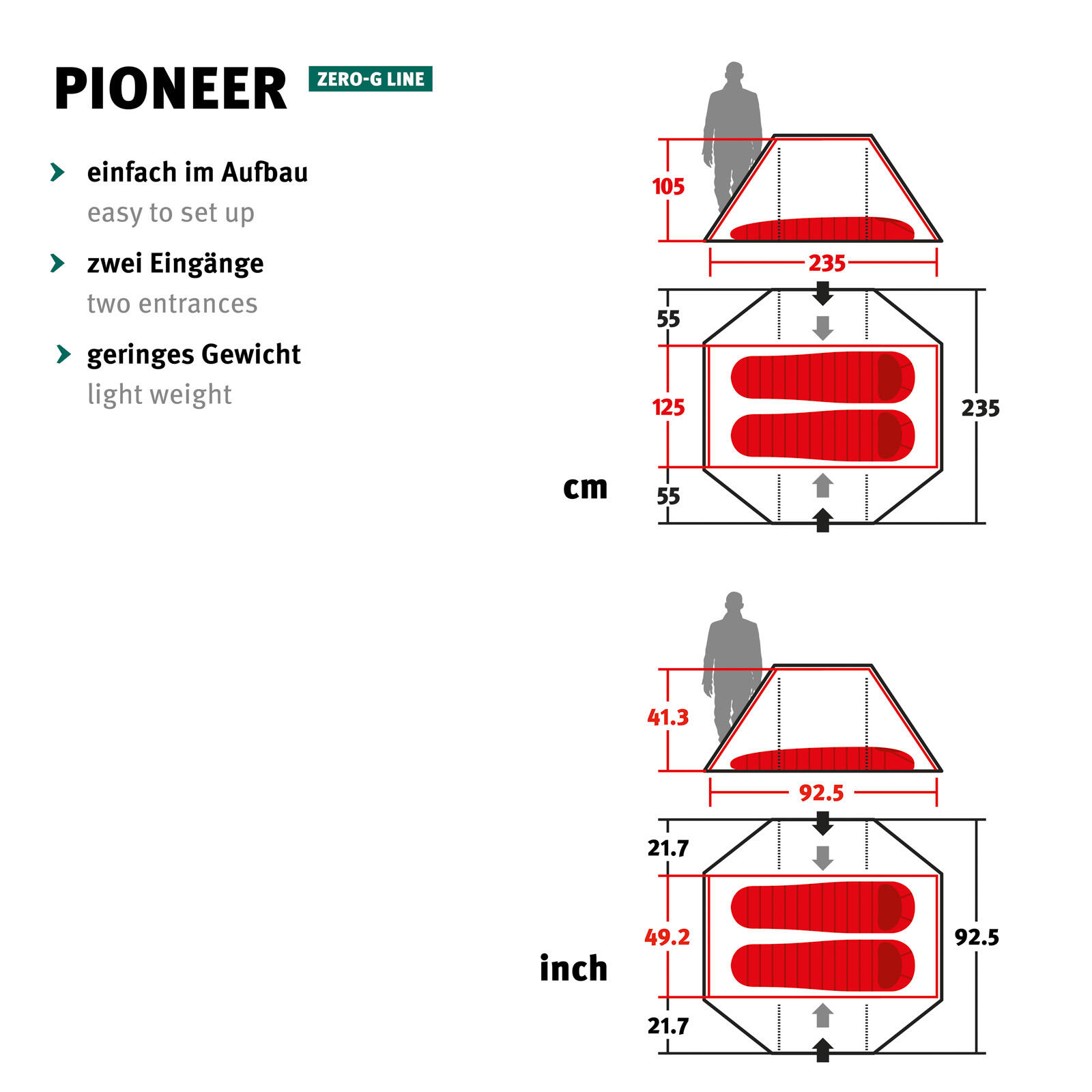Trekkingzelt Pioneer 2 Personen Tunnel Camping Fahrrad Biwak Zelt 2,1kg 2/7