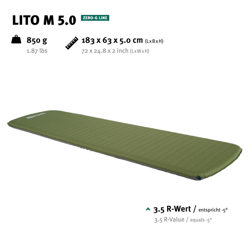 Matelas de trekking Lito M 5.0 Lit à air léger Auto-gonflant 0,85 kg