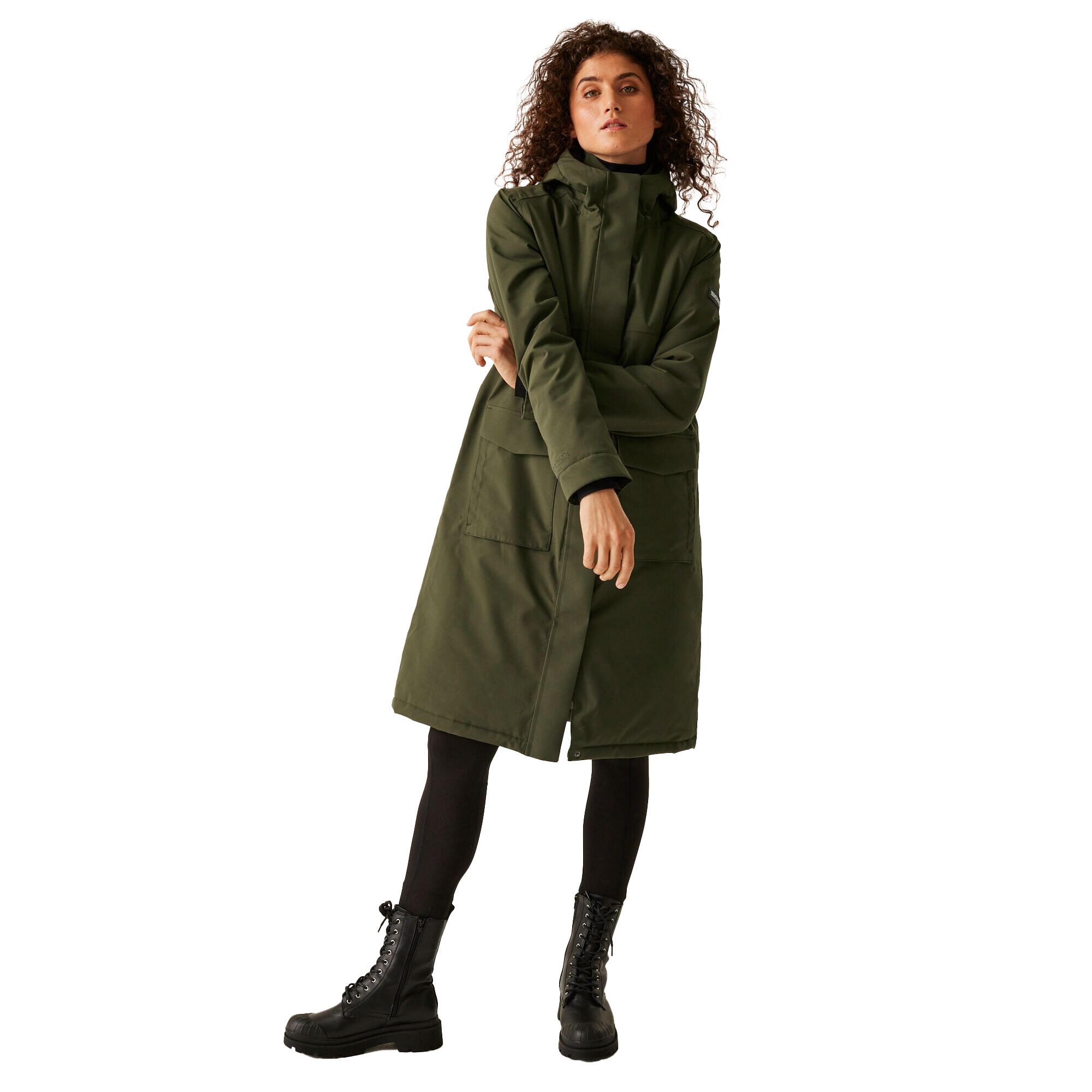 Dames Yarli Longline Waterdichte Jas (Donkere kaki/zwart) 4/5