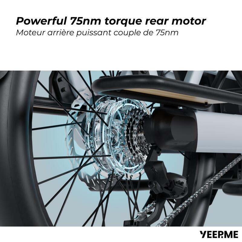 Vélo cargo électrique YEEP.ME DAY CARGO LongTail 90Km Moteur 48V 75Nm Bleu gris