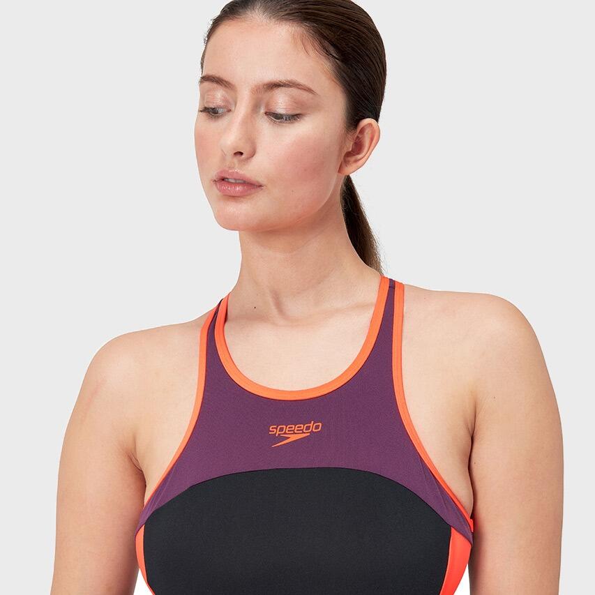 Speedo Badpak Hoge Nek Splice Cross Back Zwart/Rood/Blauw 6/7