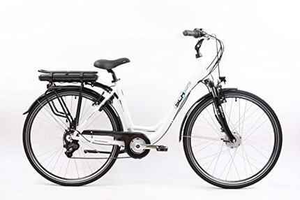 Rower elektryczny miejski, E-Moving 28”, biały, aluminium, zawieszenie