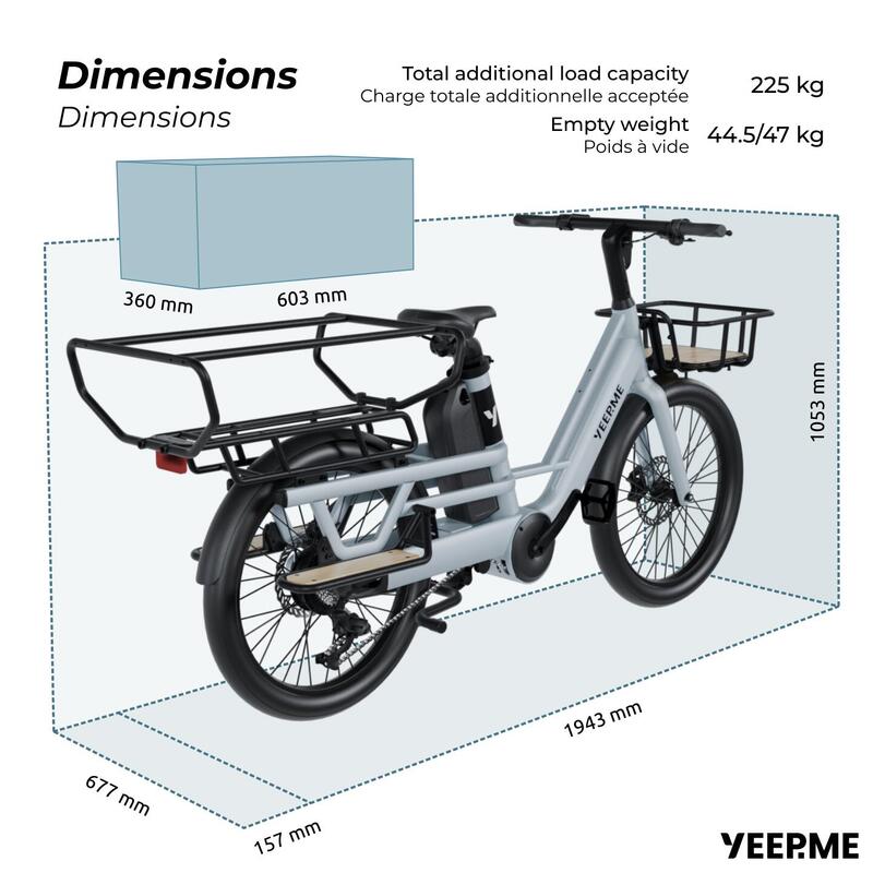 Vélo cargo électrique YEEP.ME DAY CARGO LR LongTail 150km Moteur 48V 75Nm Bleu
