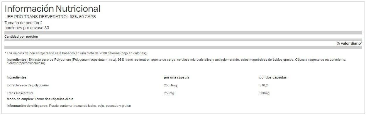 LIFE PRO TRANS RESVERATROL 98% 60 CAPS 5/5