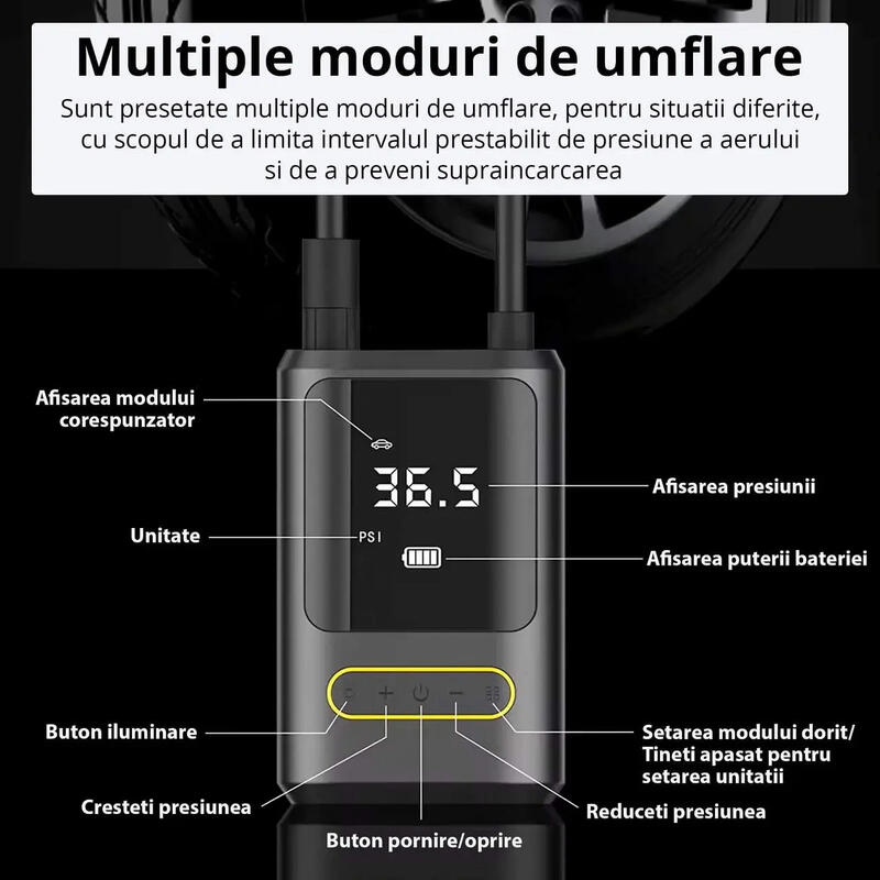 Compresor digital aer wireless 70W, 150 PSI, 18 L/min, 2 x 2000mAh, portabil