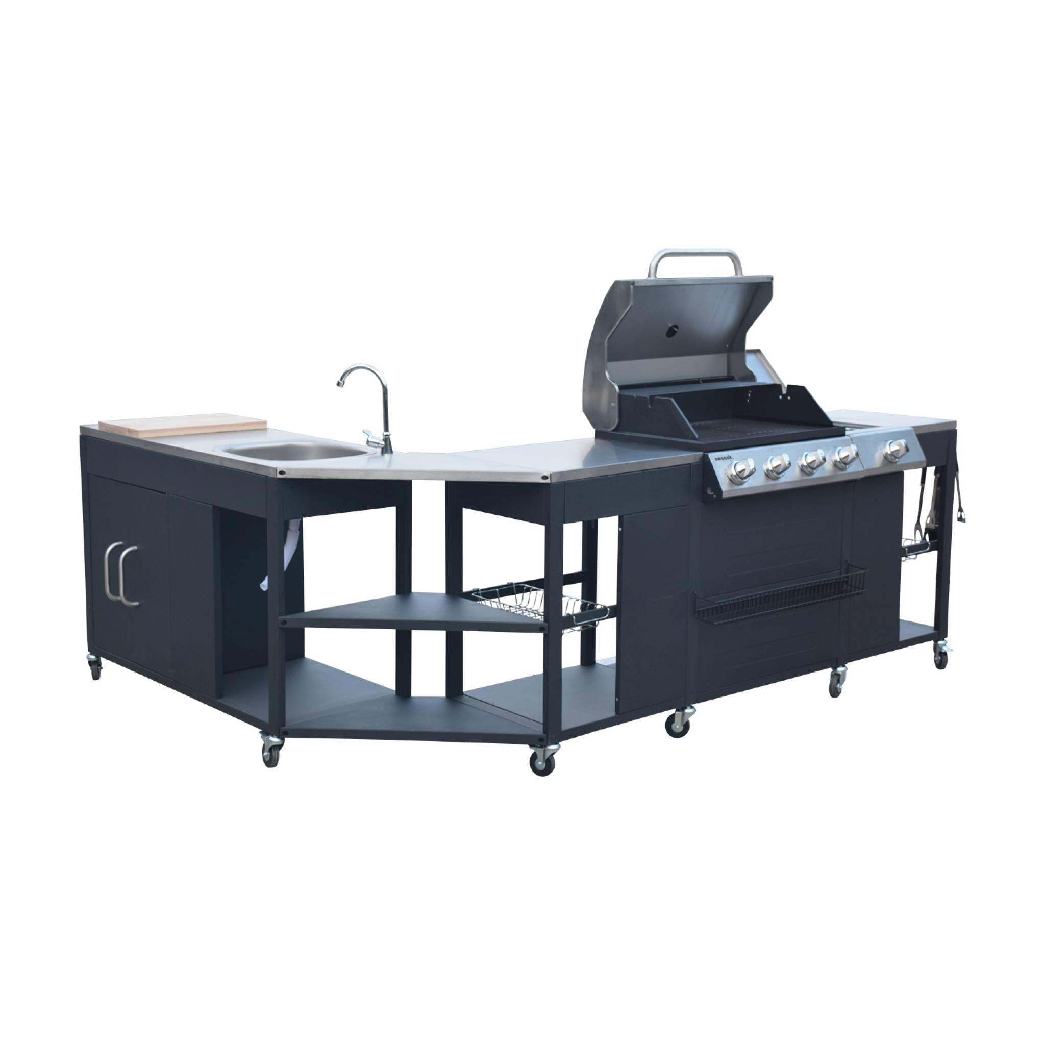 Cocina exterior de acero con barbacoa de gas americana de 5 quemadores, Negro 2/5