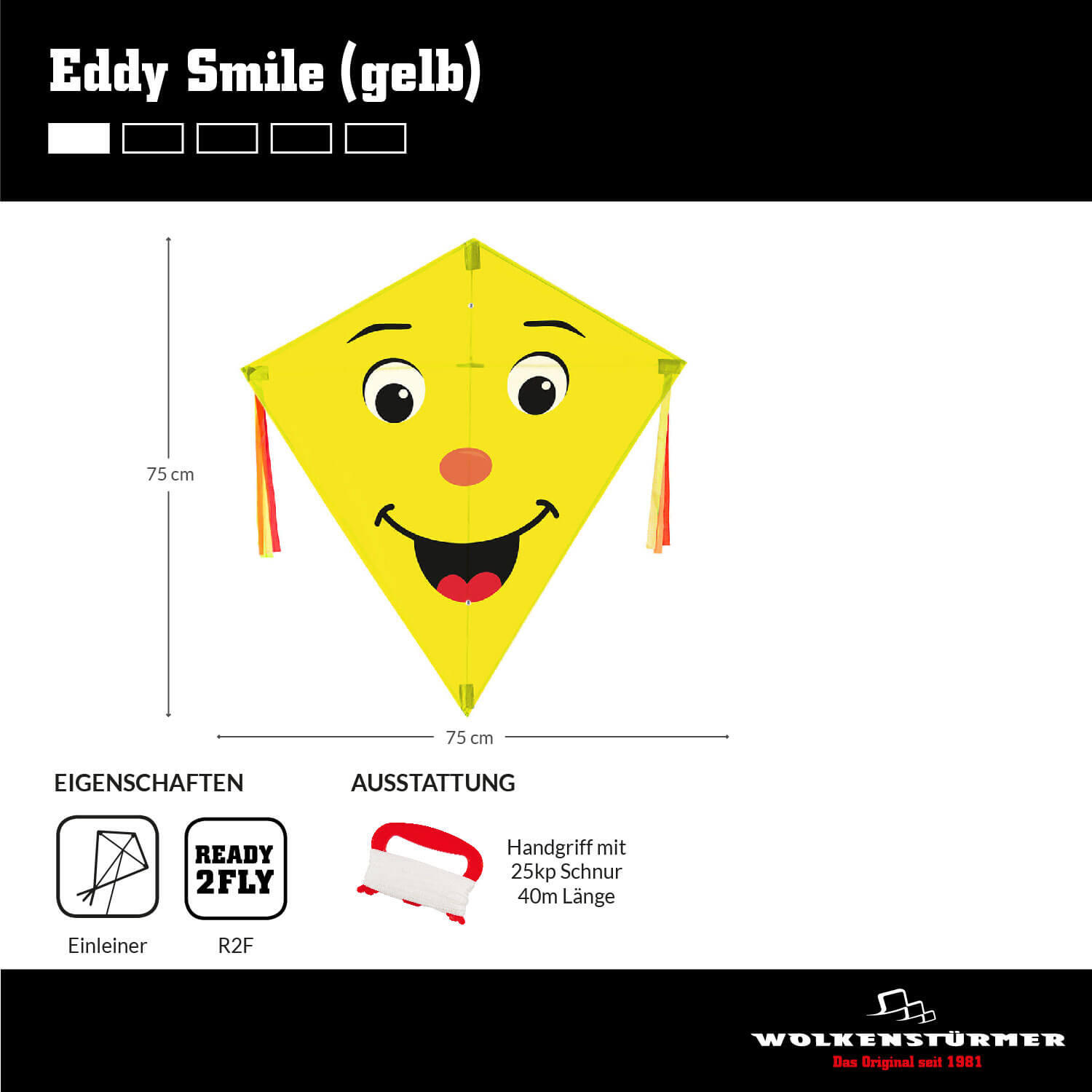 Cometa infantil Wolkensturmer Eddy Smile amarilla 1172 amarilla 75 x 75 cm 5/7